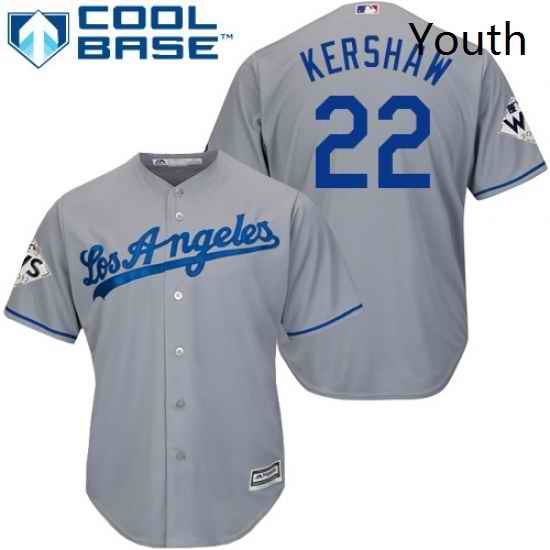 Youth Majestic Los Angeles Dodgers 22 Clayton Kershaw Replica Grey Road 2017 World Series Bound Cool Base MLB Jersey
